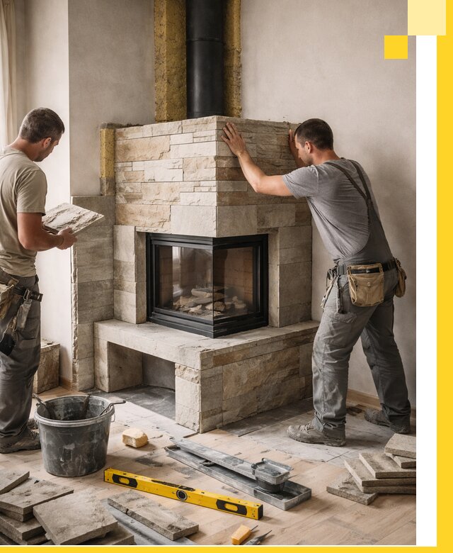 Угловые камины под ключ проект, монтаж и отделка в Ступине